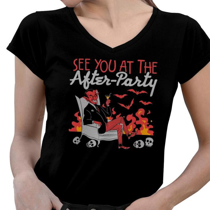 Funny See You At The After-Party Hell Devil Skull Casual Women V-Neck T-Shirt