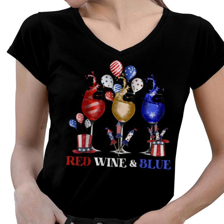 Funny Wine Glasses 4Th Of July Red White And Blue Firework  Women V-Neck T-Shirt