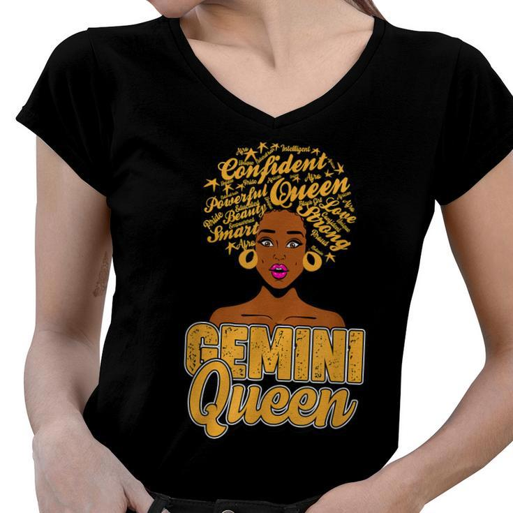 Gemini Zodiac Black African Afro Queen May June Birthday  Women V-Neck T-Shirt