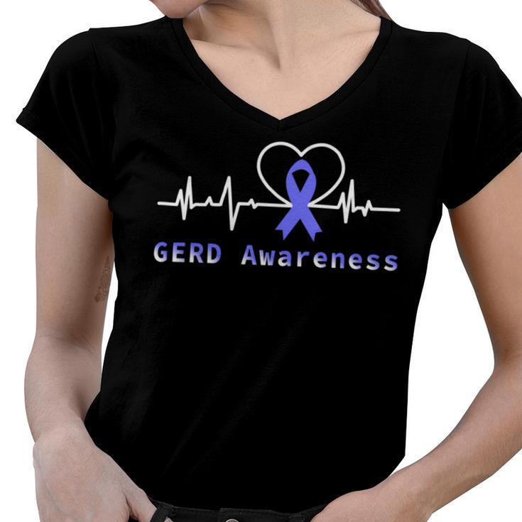 Gerd Awareness Heartbeat  Periwinkle Blue Ribbon  Gastroesophageal Reflux Disease  Gerd Awareness Women V-Neck T-Shirt