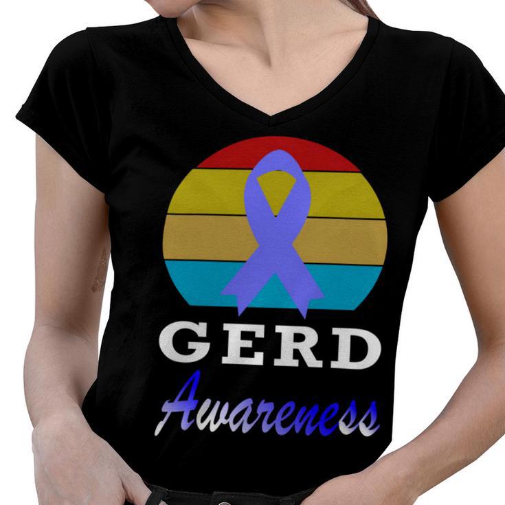 Gerd Awareness Vintage  Periwinkle Blue Ribbon  Gastroesophageal Reflux Disease  Gerd Awareness Women V-Neck T-Shirt