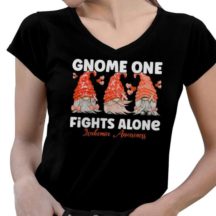 Gnome One Fights Alone Orange Leukemia Awareness Women V-Neck T-Shirt