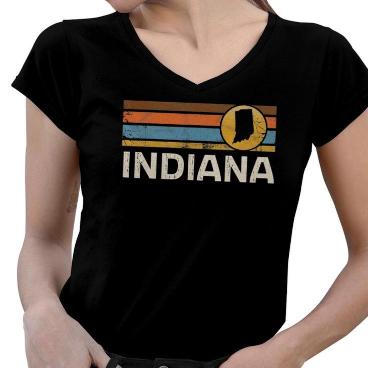 Graphic Tee Indiana Us State Map Vintage Retro Stripes Women V-Neck T-Shirt