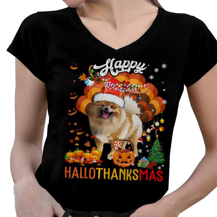Hallothanksmas Santa Turkey Pumpkin Pomeranian Dog T-Shirt Women V-Neck T-Shirt