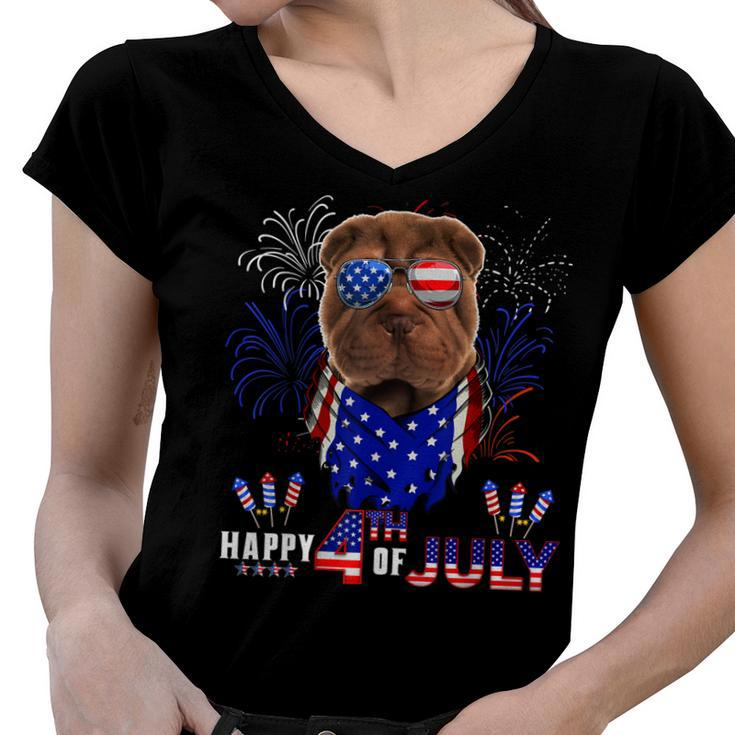 Happy 4Th Of July American Flag Shar Pei Sunglasses  Women V-Neck T-Shirt