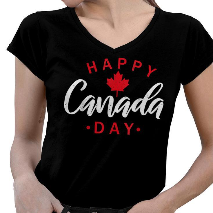 Happy Canada Day  Funny Maple Leaf Canadian Flag Kids  Women V-Neck T-Shirt