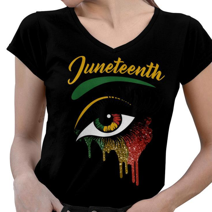 Happy Juneteenth 1865 Bright Eyes Melanin Retro Black Pride   Women V-Neck T-Shirt