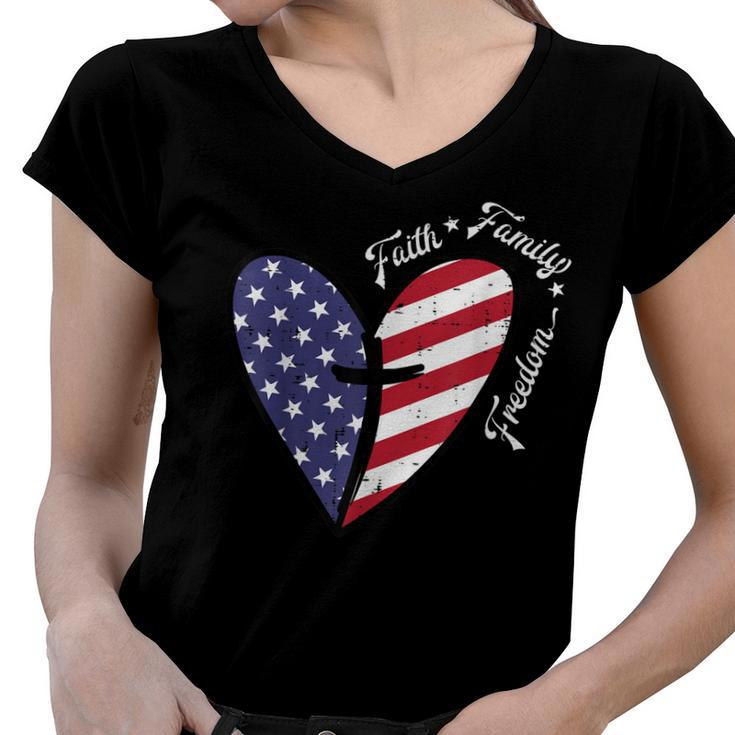 Heart Cross Faith Fourth 4Th Of July Patriotic Christians  Women V-Neck T-Shirt