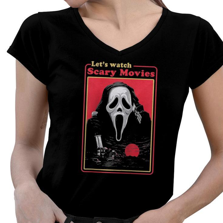 Holiday 365 Halloween Lets Watch Scary Movies Raglan Baseball Tee Women V-Neck T-Shirt