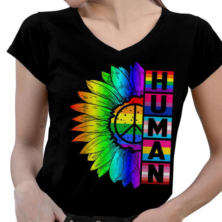 Human Sunflower Lgbt Flag Gay Pride Month Proud Lgbtq  V3 Women V-Neck T-Shirt
