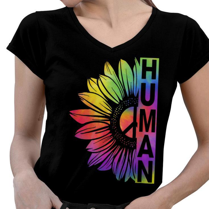 Human Sunflower Lgbt Tie Dye Flag Gay Pride Proud Lgbtq  Women V-Neck T-Shirt