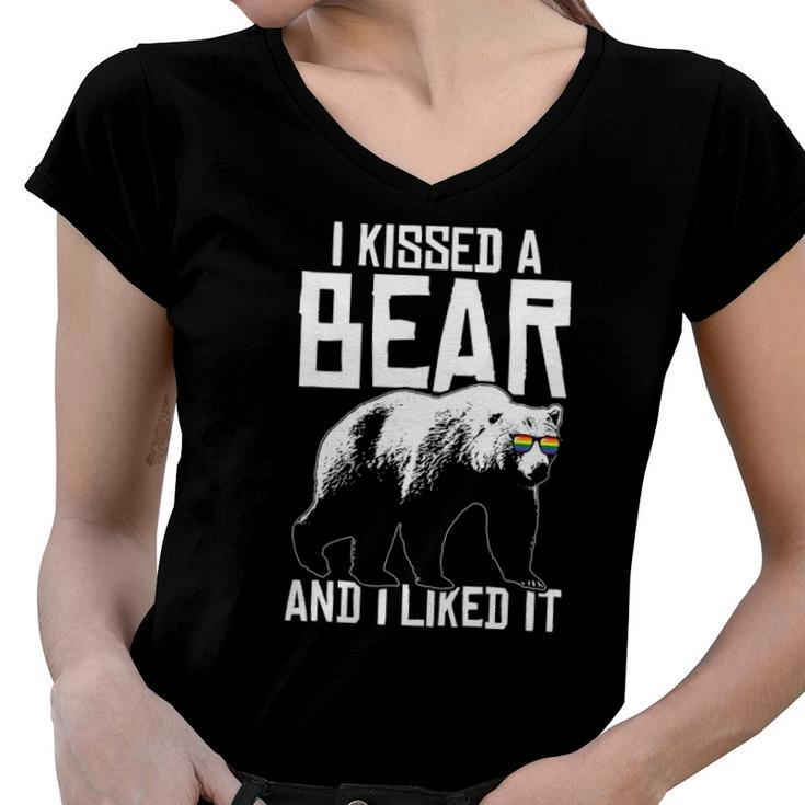 I Kissed A Bear And I Liked It Lgbt Gay Funny Gift Women V-Neck T-Shirt