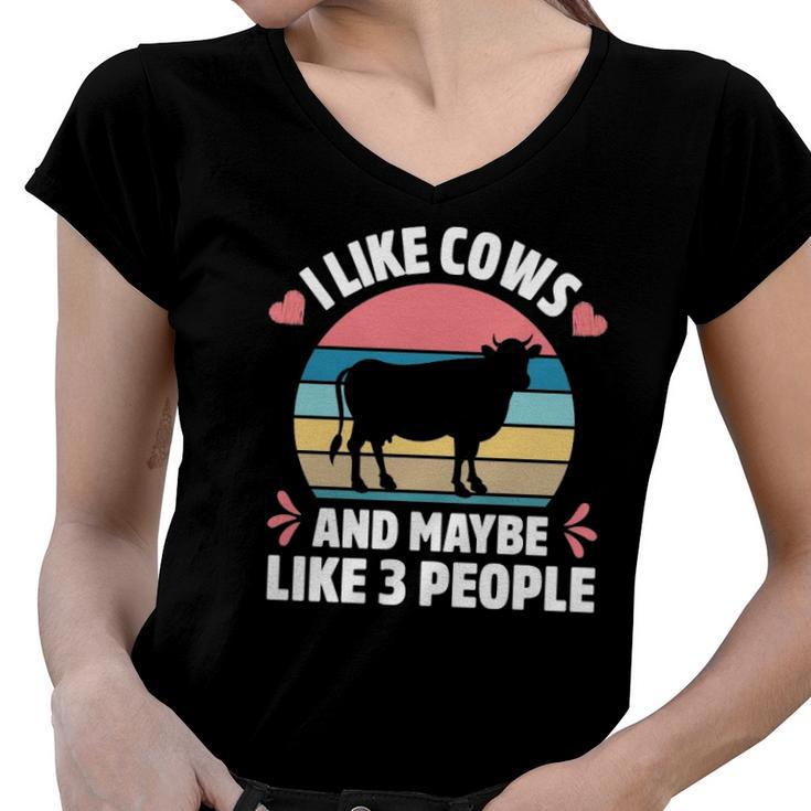 I Like Cows And Maybe Like 3 People Farm Farmer Cow Print  Women V-Neck T-Shirt