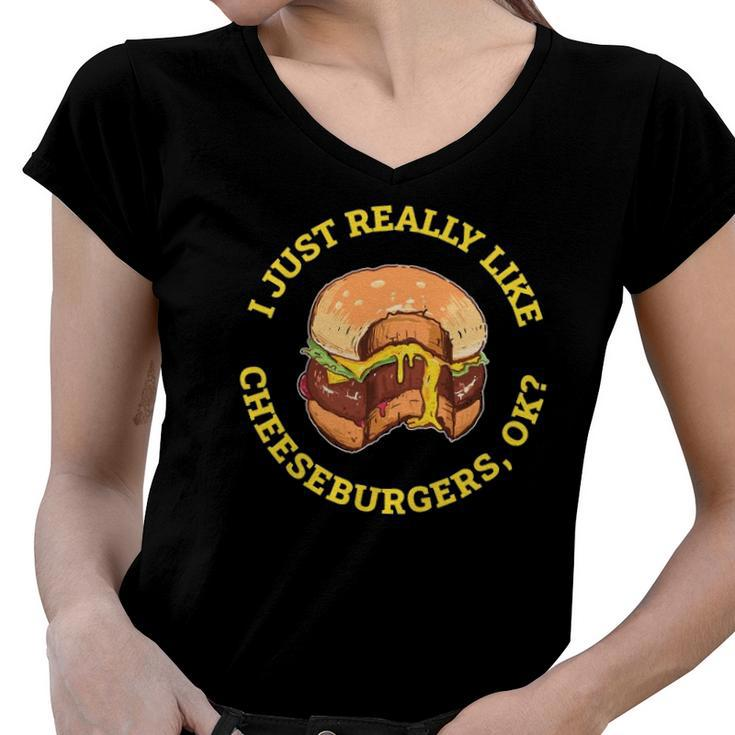 I Love Cheeseburgers Lover Gift Women V-Neck T-Shirt