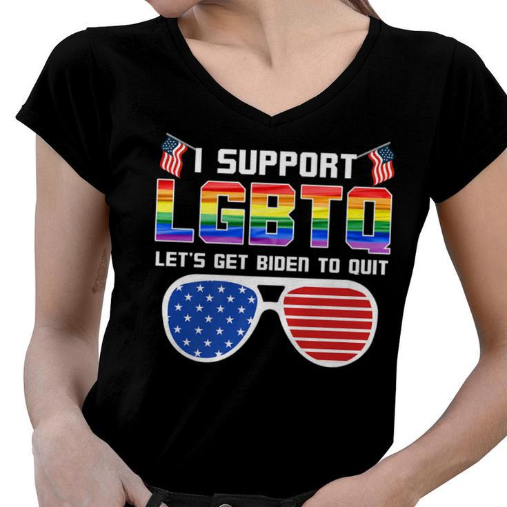 I Support Lgbtq Lets Get Biden To Quit Funny Political   Women V-Neck T-Shirt