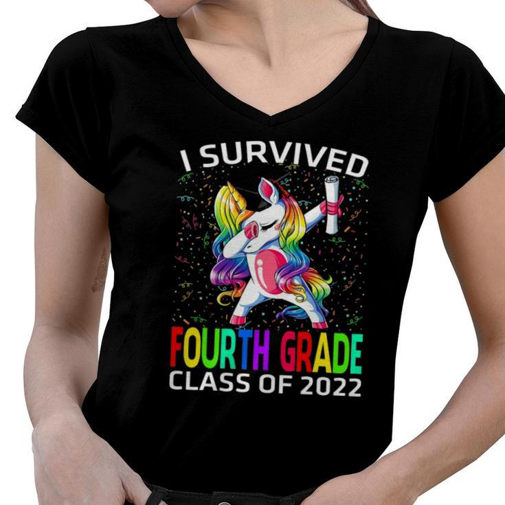 I Survived Fourth Grade Class Of 2022 Graduate Unicorn Women V-Neck T-Shirt