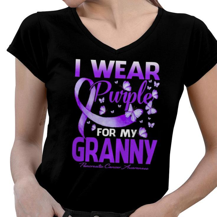 I Wear Purple For My Granny Pancreatic Cancer Awareness Women V-Neck T-Shirt
