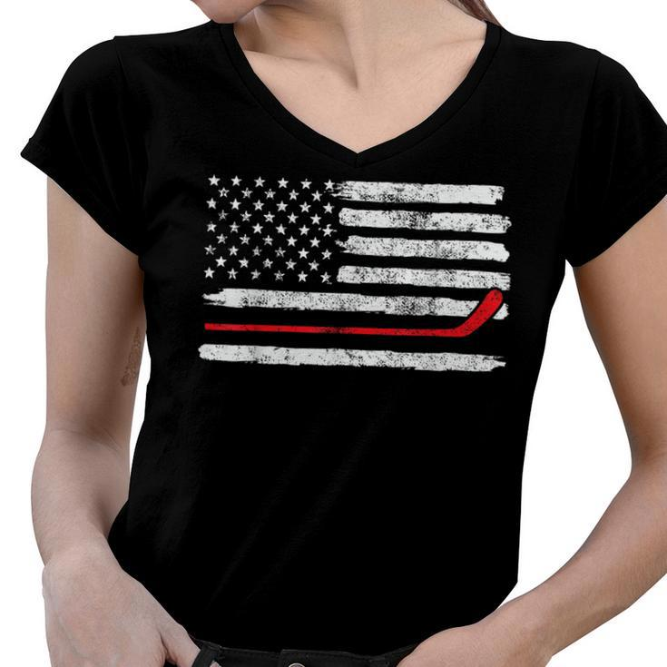 Ice Hockey Player Usa American Flag 4Th Of July Vintage  Women V-Neck T-Shirt