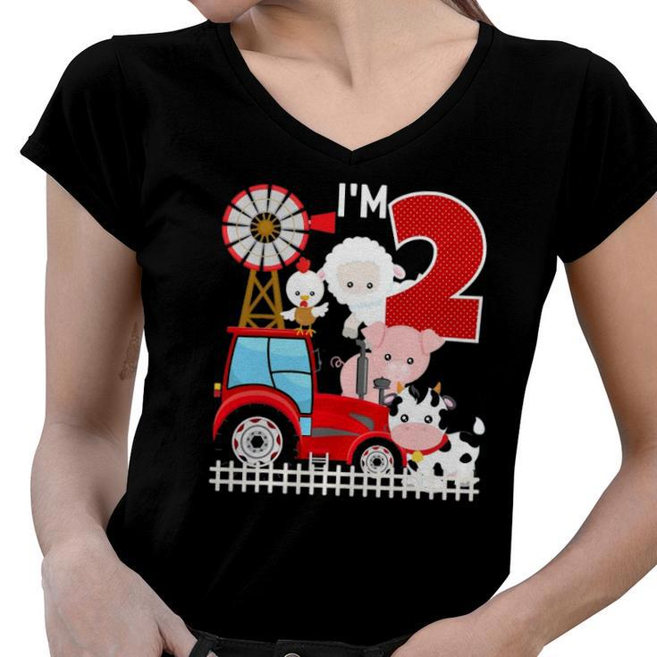 Im 2 Farm Theme Birthday 2 Yrs Old Barnyard Farm Animals Women V-Neck T-Shirt