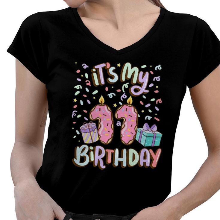 Its My 11Th Birthday Cake Donut 11 Years Old Confetti Women V-Neck T-Shirt