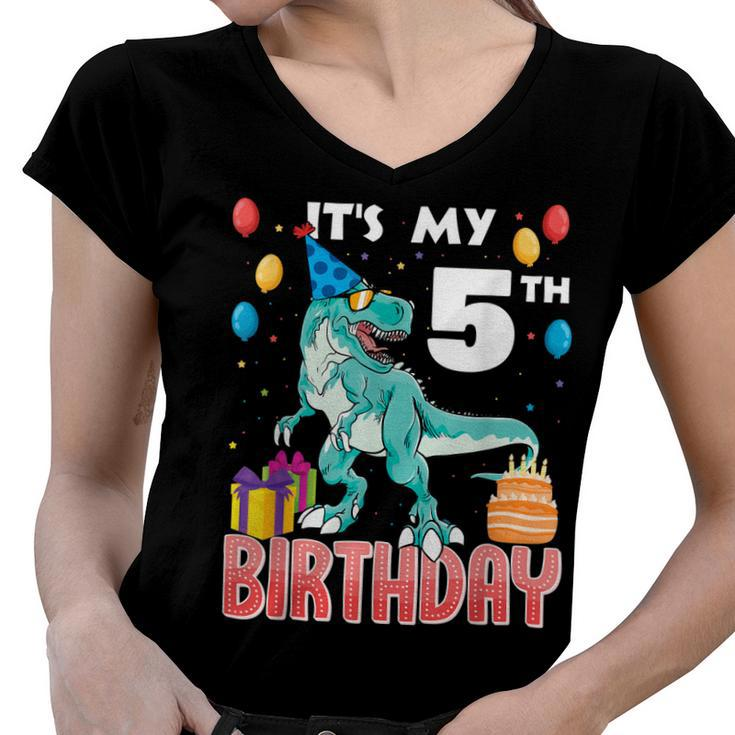 Its My 5Th Birthday Dino T-Rex 5 Years Old Bday  Women V-Neck T-Shirt