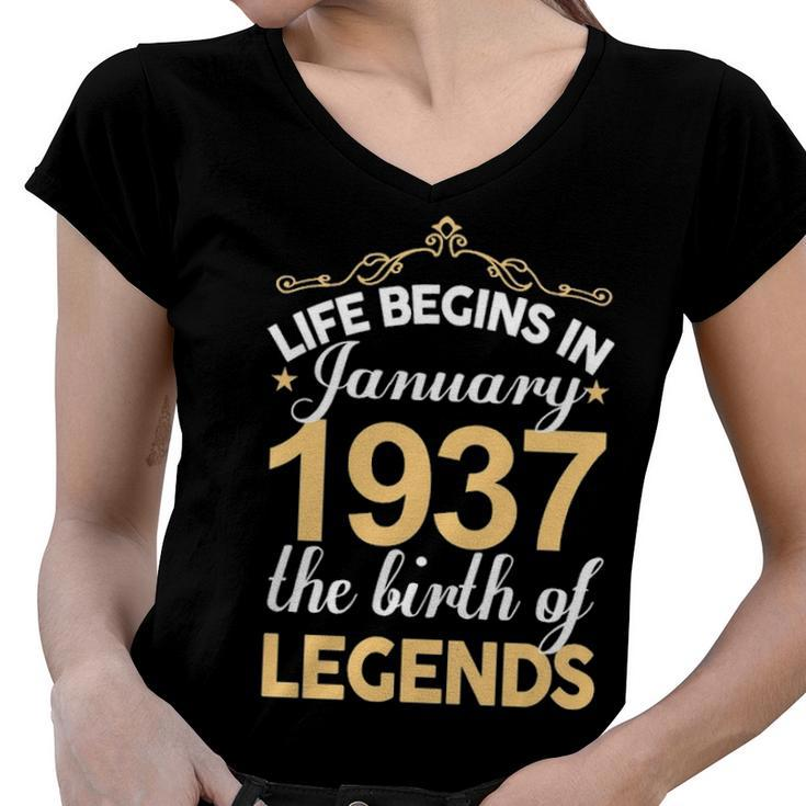 January 1937 Birthday   Life Begins In January 1937 V2 Women V-Neck T-Shirt