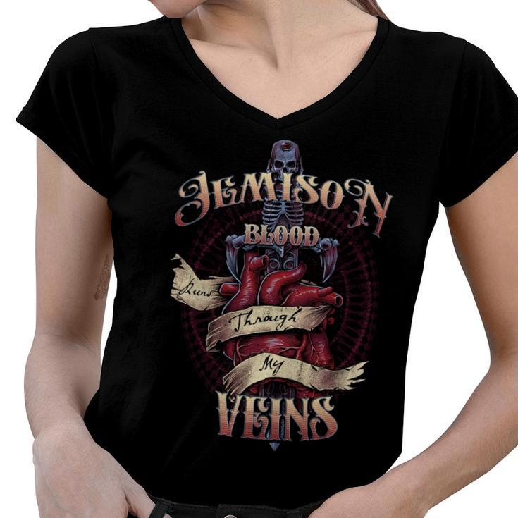 Jemison Blood Runs Through My Veins Name Women V-Neck T-Shirt