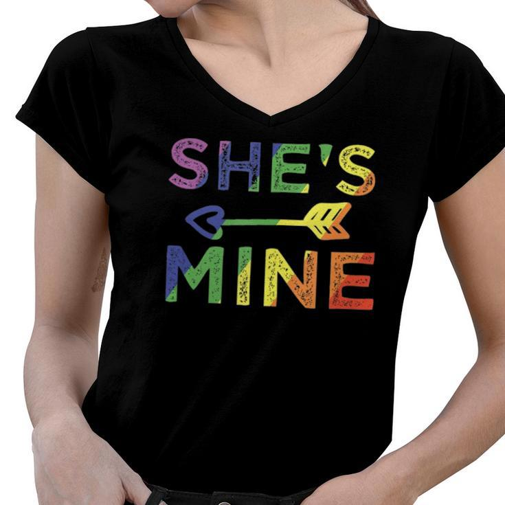 Lesbian Couple Shes Mine Im Hers Matching Lgbt Pride  Women V-Neck T-Shirt