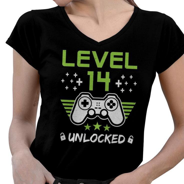 Level 14 Unlocked Funny 14Th Birthday Women V-Neck T-Shirt