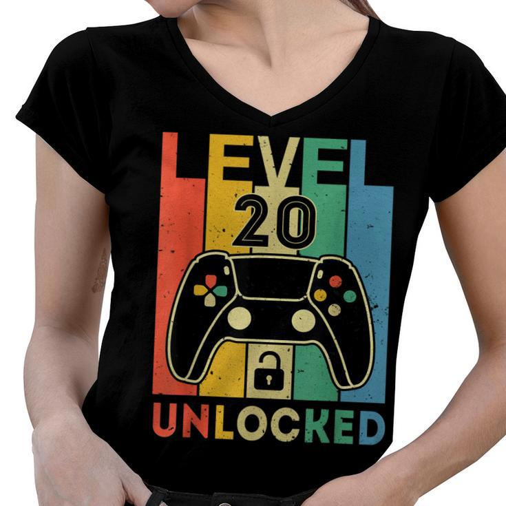 Level 20 Unlocked Retro Vintage Video Gamer 20Th Birthday Women V-Neck T-Shirt