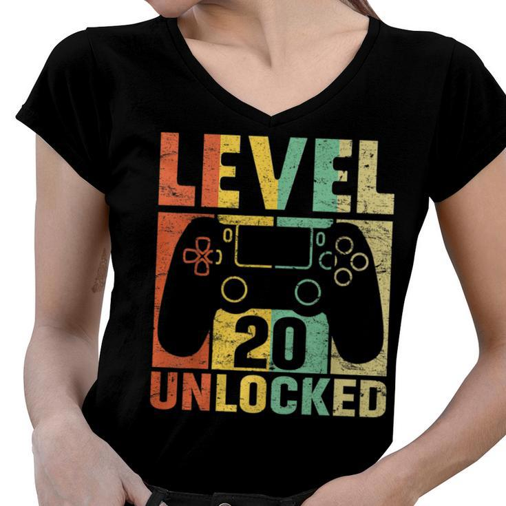 Level 20 Unlocked  Video Game 20Th Birthday Gift Retro   Women V-Neck T-Shirt