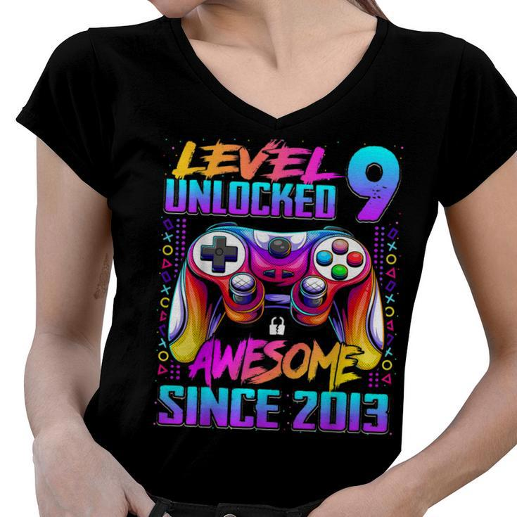 Level 9 Unlocked Awesome Since 2013 9Th Birthday Gaming  V5 Women V-Neck T-Shirt