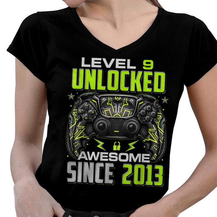 Level 9 Unlocked Awesome Since 2013 9Th Birthday Gaming  V8 Women V-Neck T-Shirt