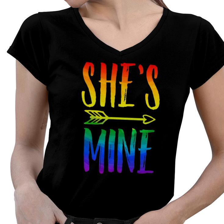 Lgbt Pride Shes Mine Im Her Lesbian Couple Matching Lover Women V-Neck T-Shirt