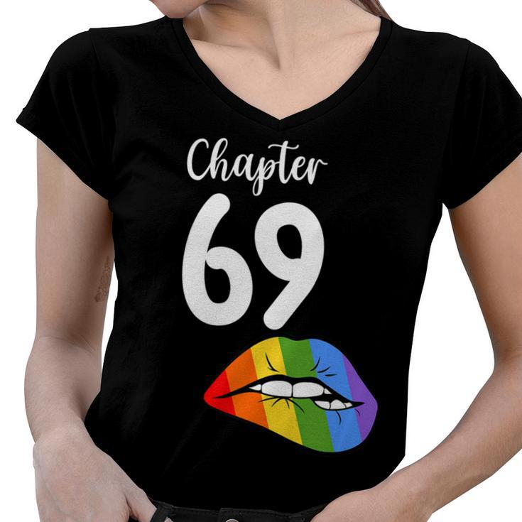 Lgbt Sexy Lips Rainbow Chapter 69 Birthday Celebration   Women V-Neck T-Shirt
