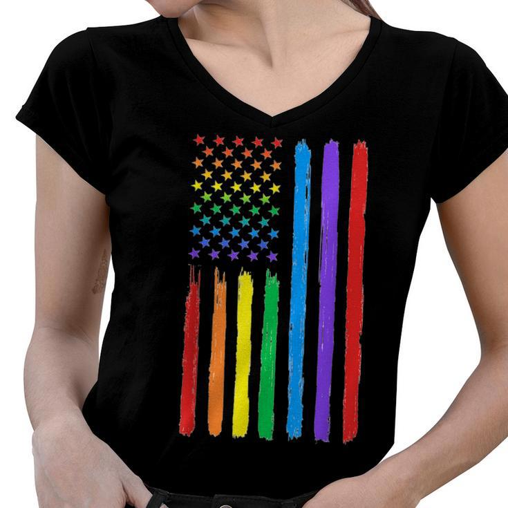Lgbtq American Flag Pride Rainbow Gay Lesbian Bi Transgender  Women V-Neck T-Shirt