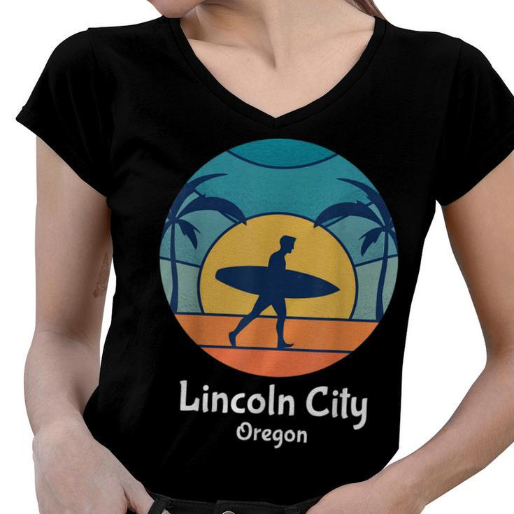 Lincoln City Oregon Surfing Surfer Vintage Sunset Surf Beach  Women V-Neck T-Shirt
