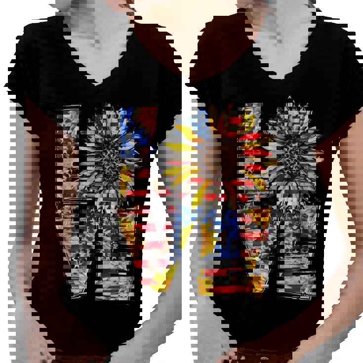 Love 4Th Of July Leopard Us Flag Sunflower Fourth Of July  Women V-Neck T-Shirt