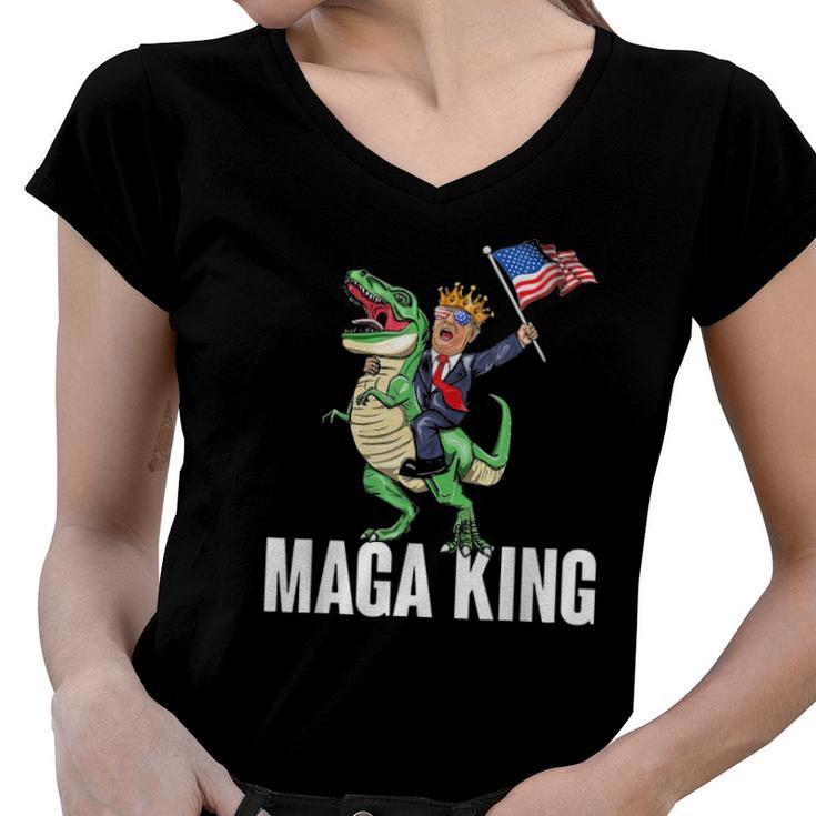 Maga King Trump Riding Dinosaur Women V-Neck T-Shirt