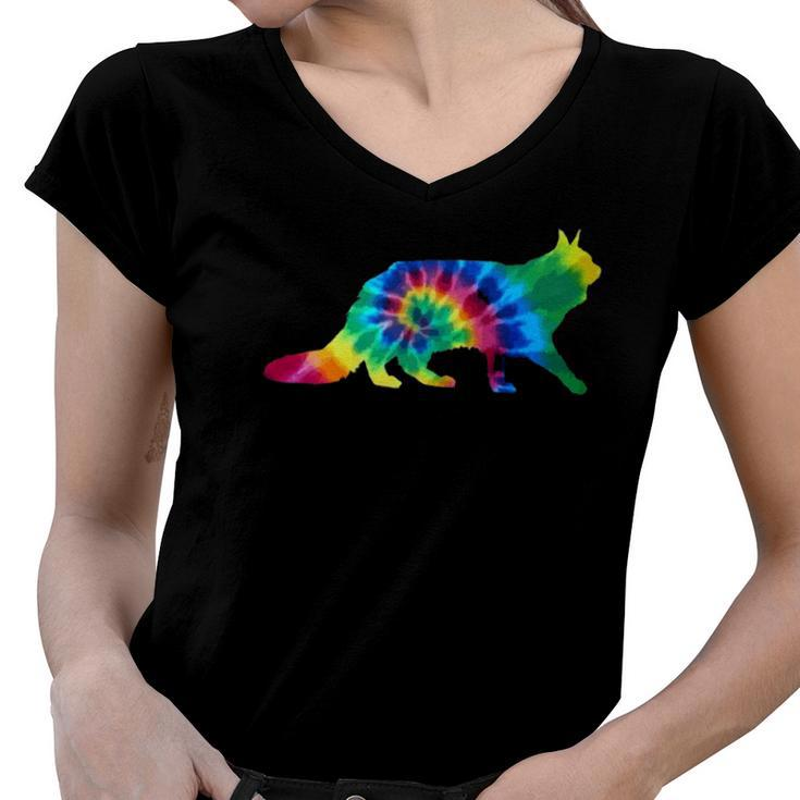Maine Coon Cat Tie Dye Vintage Hippie Cat Lover  Women V-Neck T-Shirt