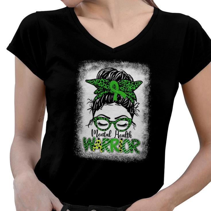 Mental Health Warrior Messy Bun Women Mental Health Matters Women V-Neck T-Shirt