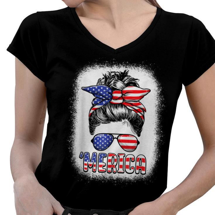 Merica Messy Bun Women Girls American Flag Usa 4Th Of July  Women V-Neck T-Shirt