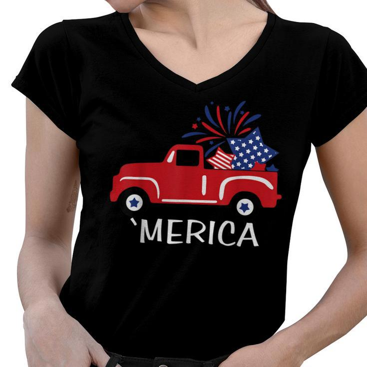 Merica Truck 4Th Of July Boys Girls Men Women Usa Flag  Women V-Neck T-Shirt