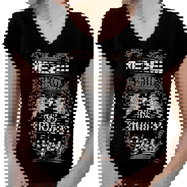 Mitchell Name Gift   Mitchell Blood Runs Throuh My Veins Women V-Neck T-Shirt