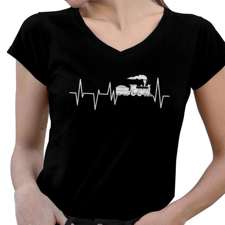 Model Train Heartbeat ECG Locomotive Railroad Collector  Women V-Neck T-Shirt