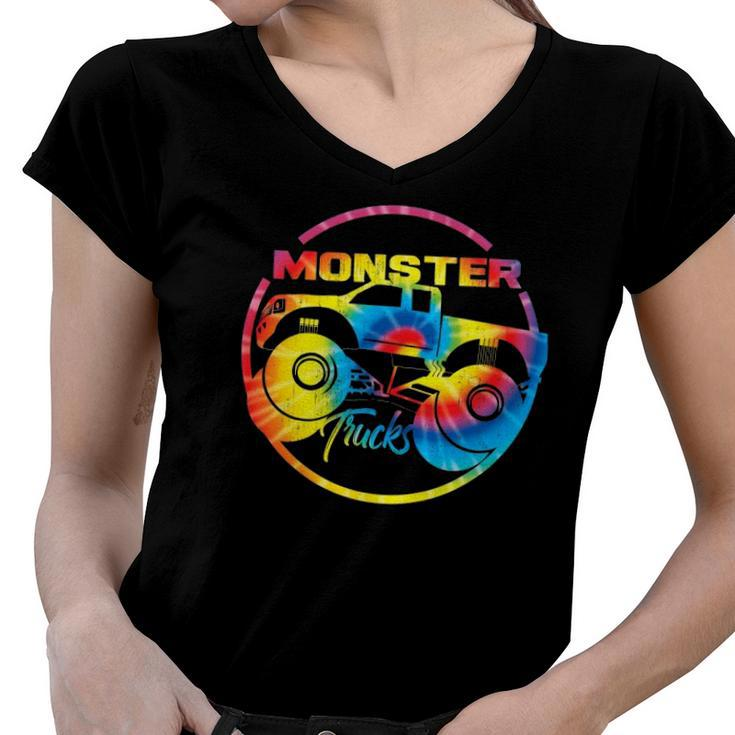 Monster Trucks Retro Tie Dye Off Road Lovers Gift Women V-Neck T-Shirt