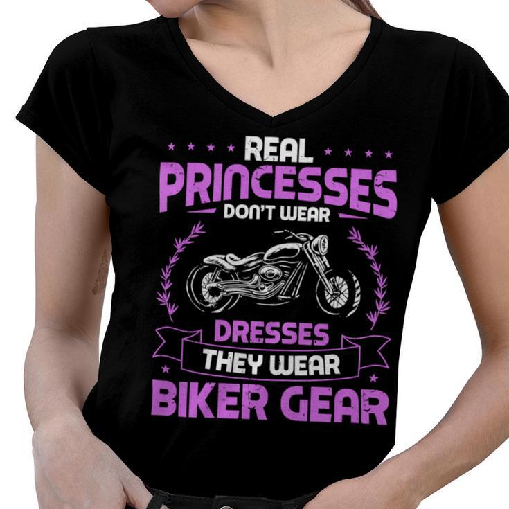 Motorcycle Real Princesses Wear Biker 483 Shirt Women V-Neck T-Shirt