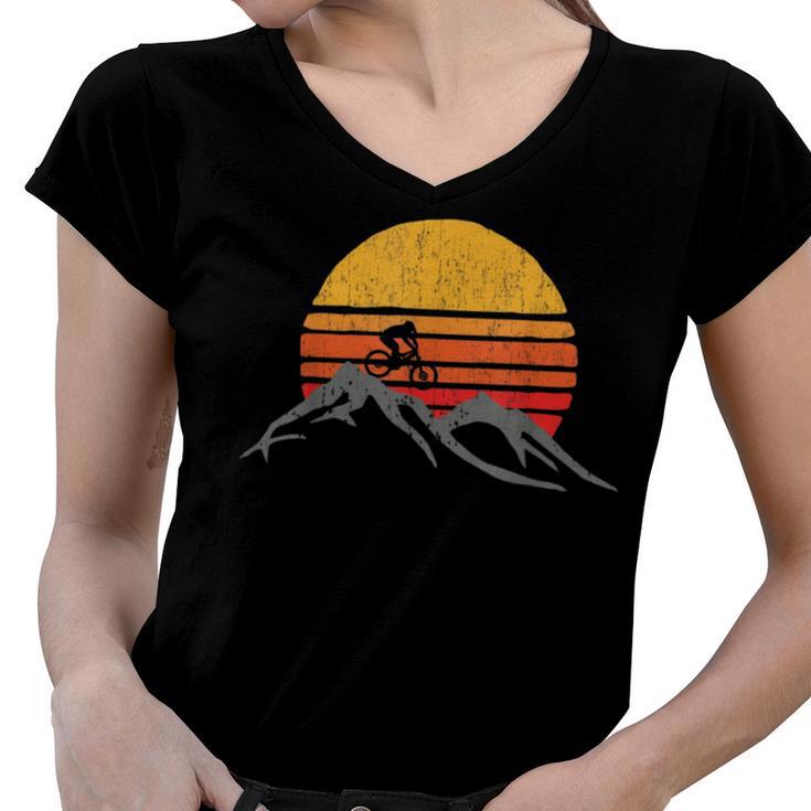 Mountain Bike Vintage Sunset Design Graphic 235 Trending Shirt Women V-Neck T-Shirt