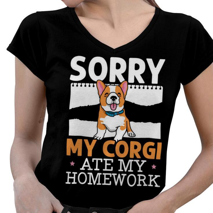 My Corgi Ate My Homework Welsh Corgi Dog Owner Puppy V2 Women V-Neck T-Shirt