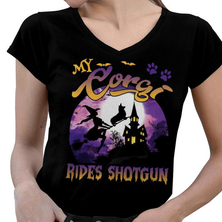 My Corgi Rides Shotgun Cool Halloween Protector Witch Dog V2 Women V-Neck T-Shirt